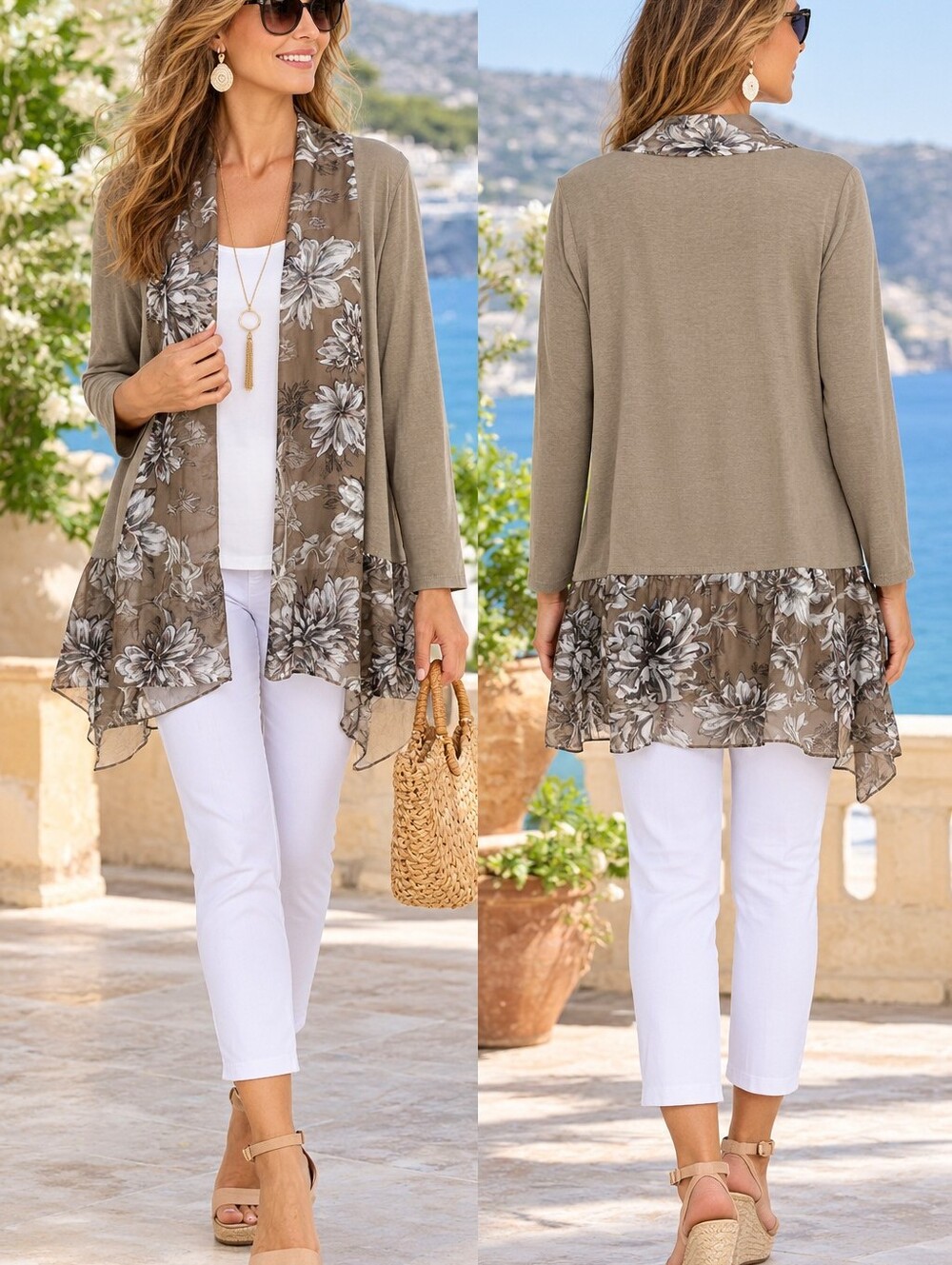 AMO Rosa Open Cardigan Womens S/M Silk Viscose Asymmetrical Hem Taupe NWT